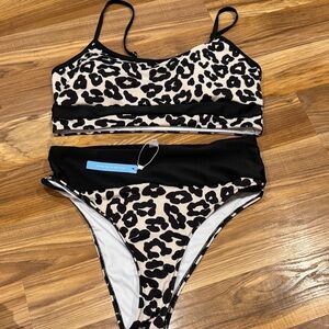 Leopard Print Bikini Set XL high rise swim cream and black